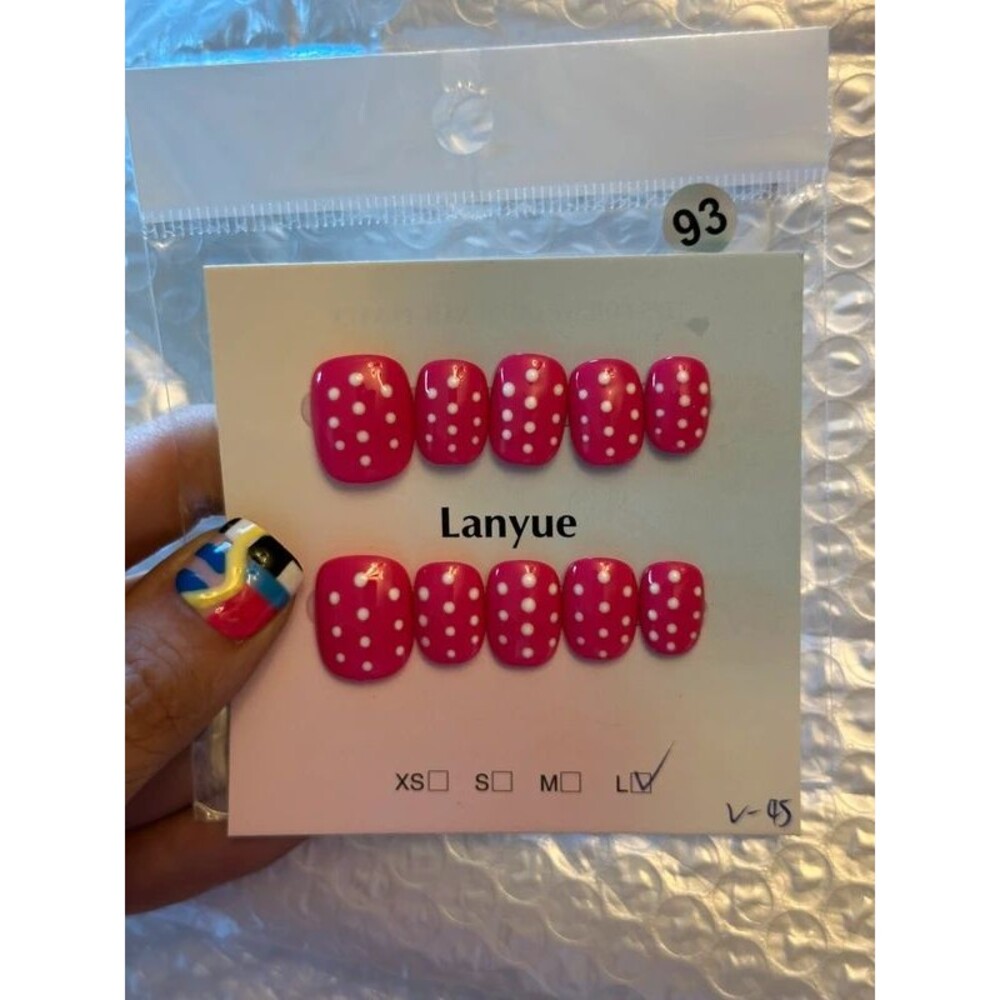 Hot Pink White Polka Dot Short Round Press On Nails Size Large